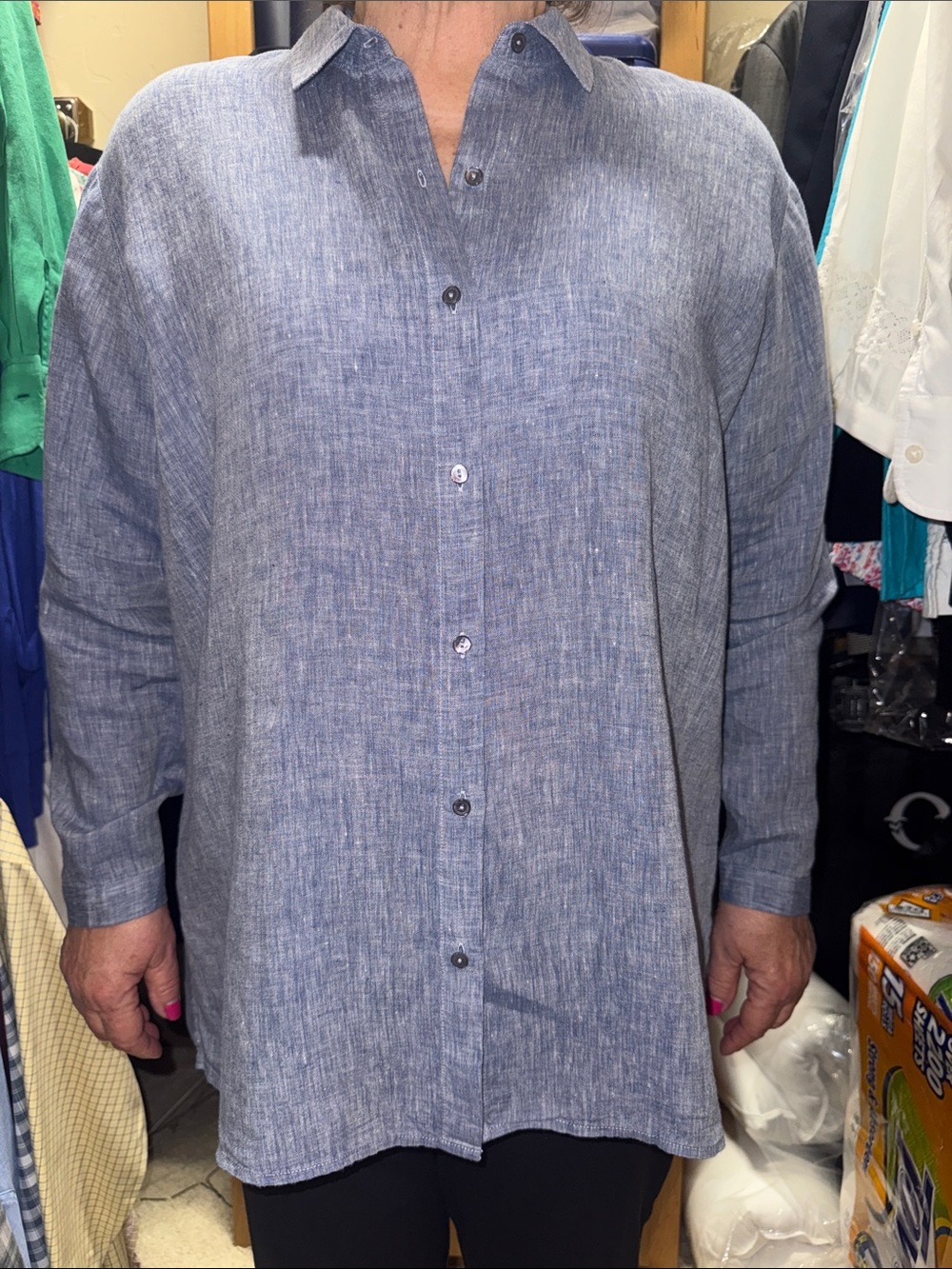 Eileen Fisher Lightweight Chambray Button-Down Shirt — Blue Heather